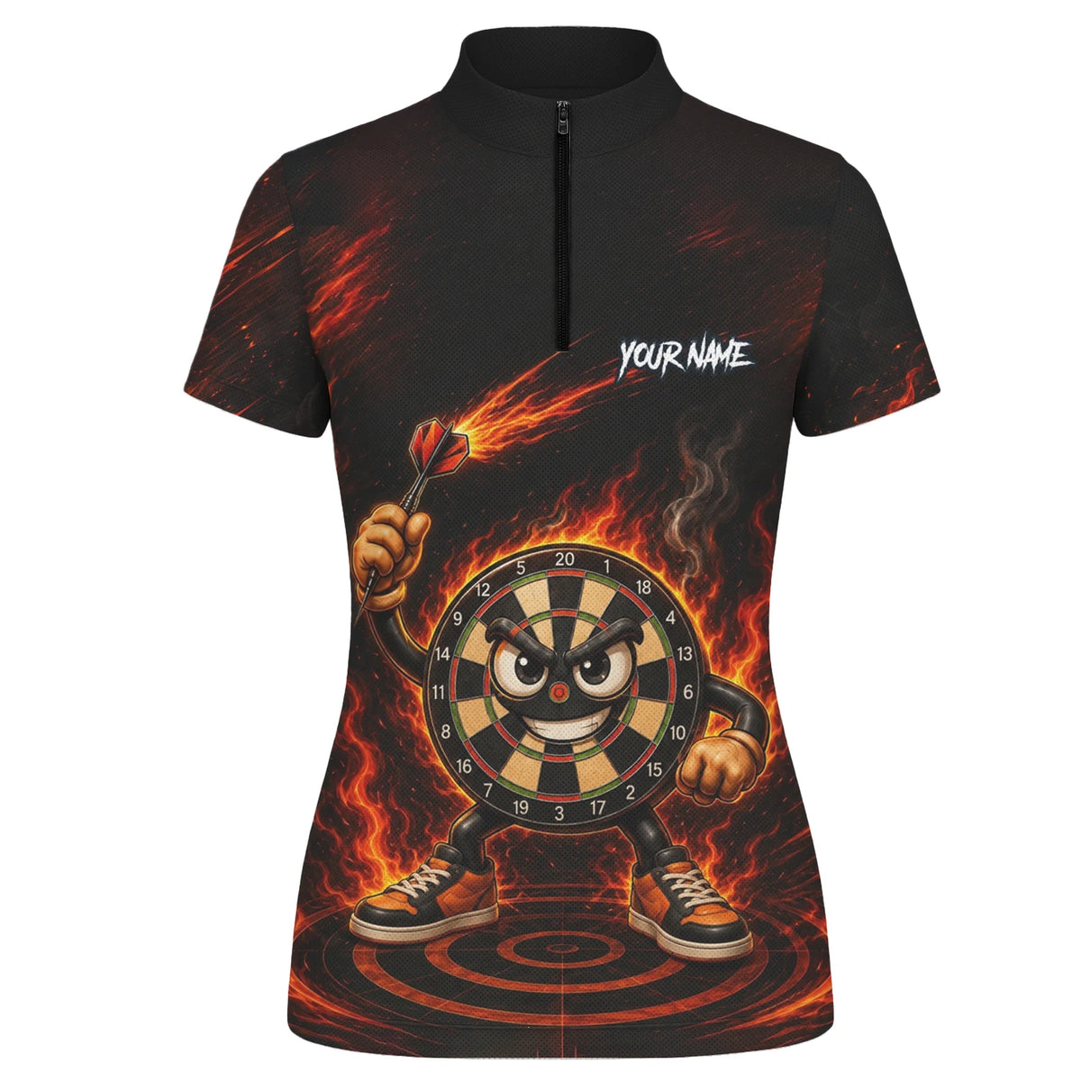 Personalised Black & Red Fiery Dartboard Character Darts Shirt For Women W224