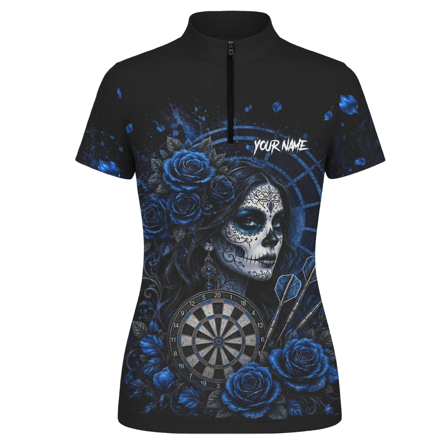 Personalised Black & Blue Sugar Skull Roses Darts Shirt For Women I884