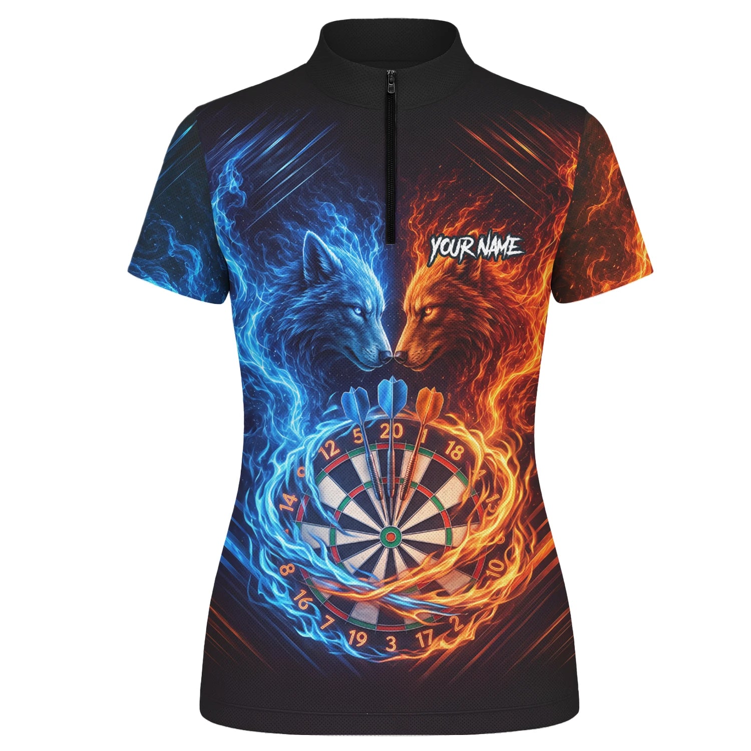 Personalised Blue & Orange Wolf Flame Dartboard Darts Shirt For Women A749