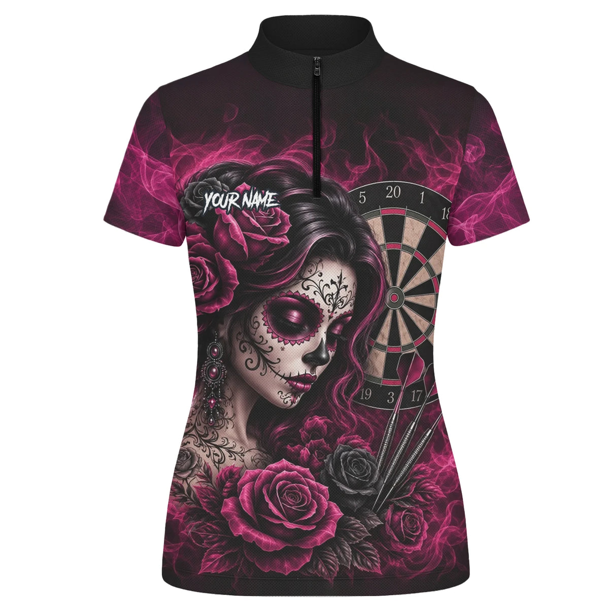 Personalised Black & Pink Sugar Skull Roses Darts Shirt For Women Z109