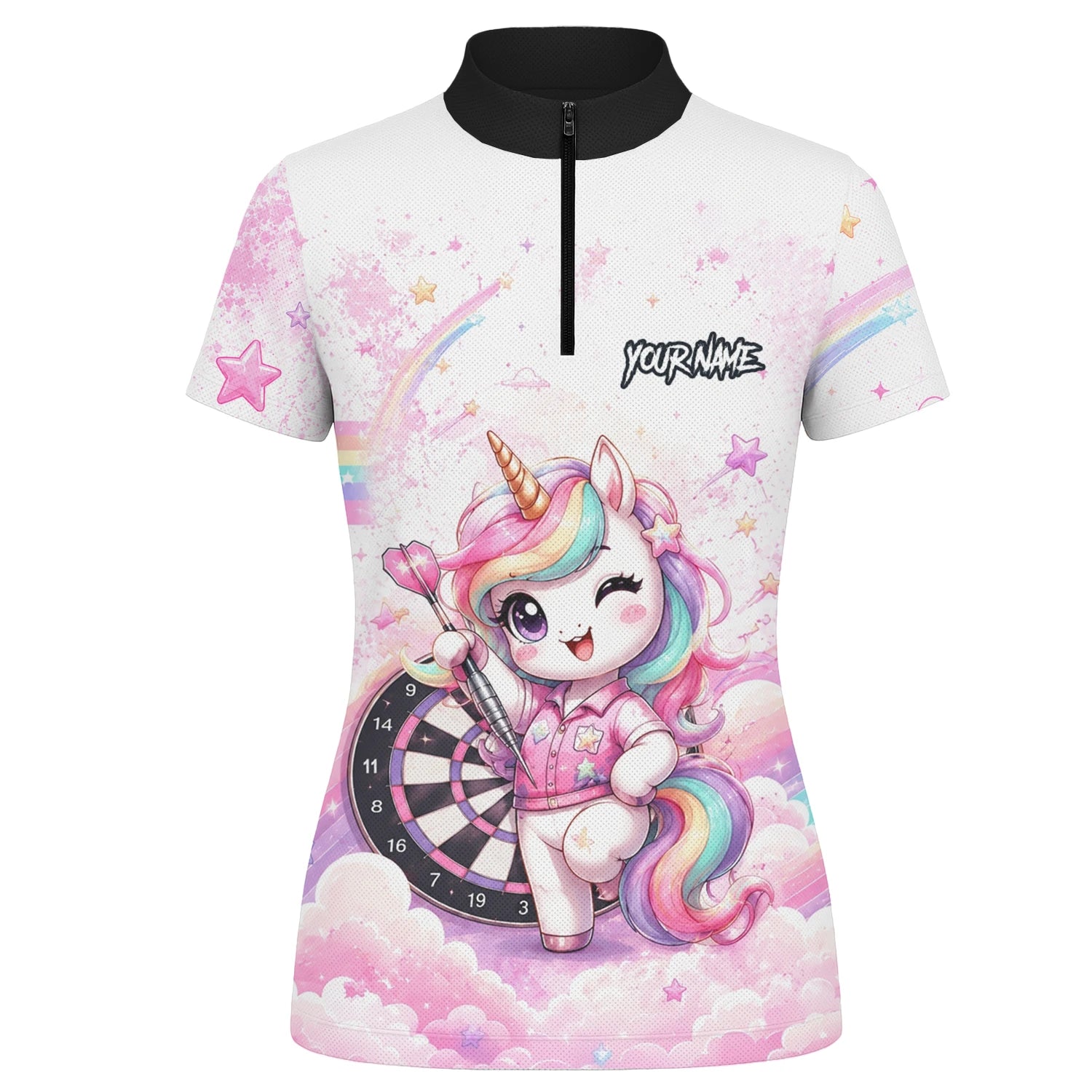 Personalised Pink & White Rainbow Unicorn Darts Shirt For Women F188