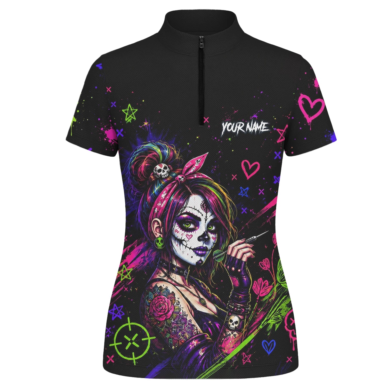 Personalised Black Neon Sugar Skull Woman Darts Shirt For Women K745
