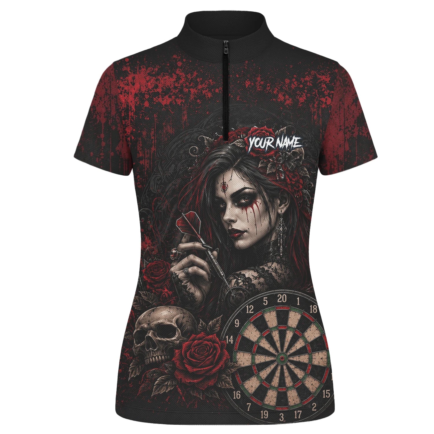 Personalised Black & Red Gothic Woman Skull Darts Shirt For Women W035