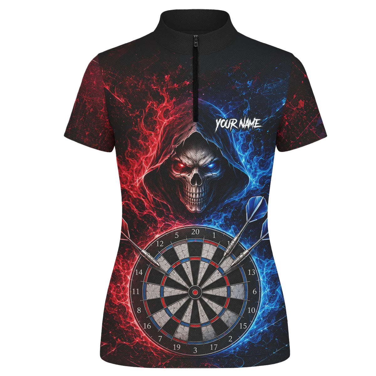 Personalised Red & Blue Split Skull Darts Polo Shirt For Women L857