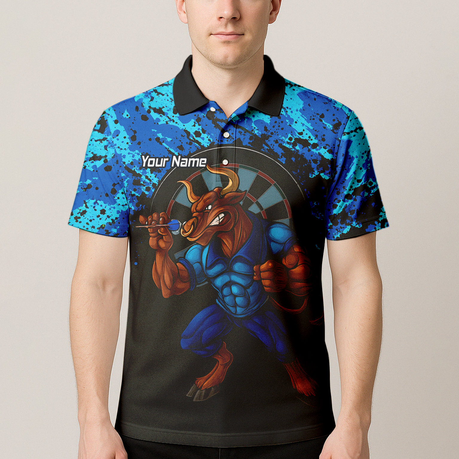 Personalised Bull Darts Polo Shirt Blue Black Splatter For Men Q5112 additional image 4