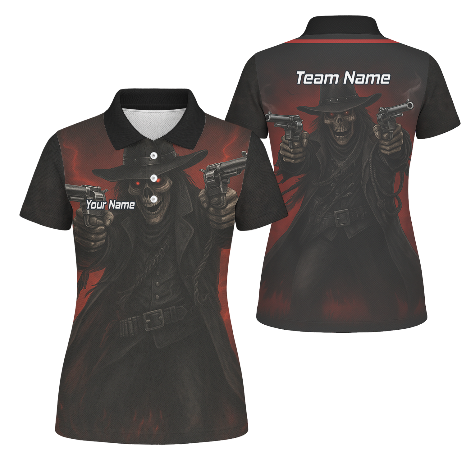 Personalised Gunslinger Skull Darts Polo Shirt Black Red For Men P5176 main image - polo No