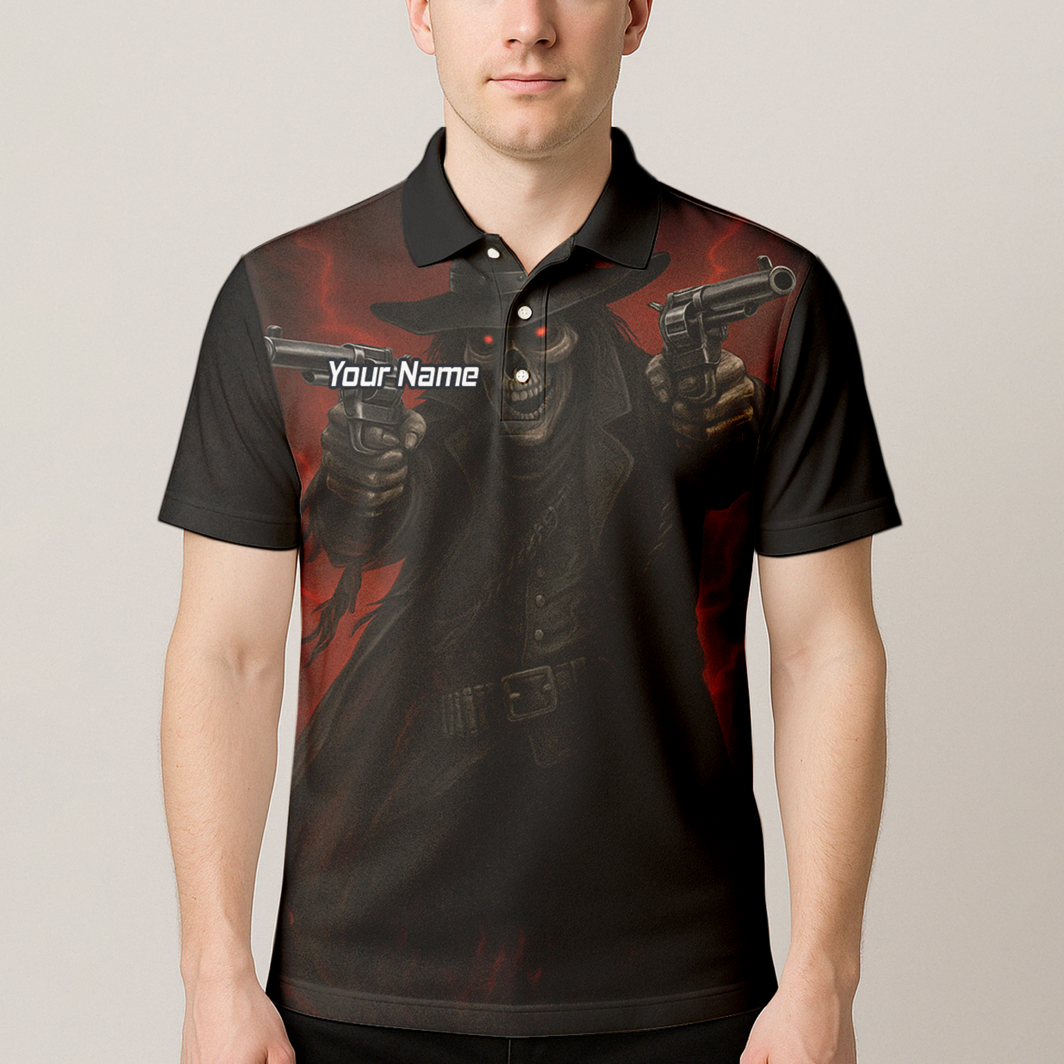 Personalised Gunslinger Skull Darts Polo Shirt Black Red For Men P5176 additional image 4