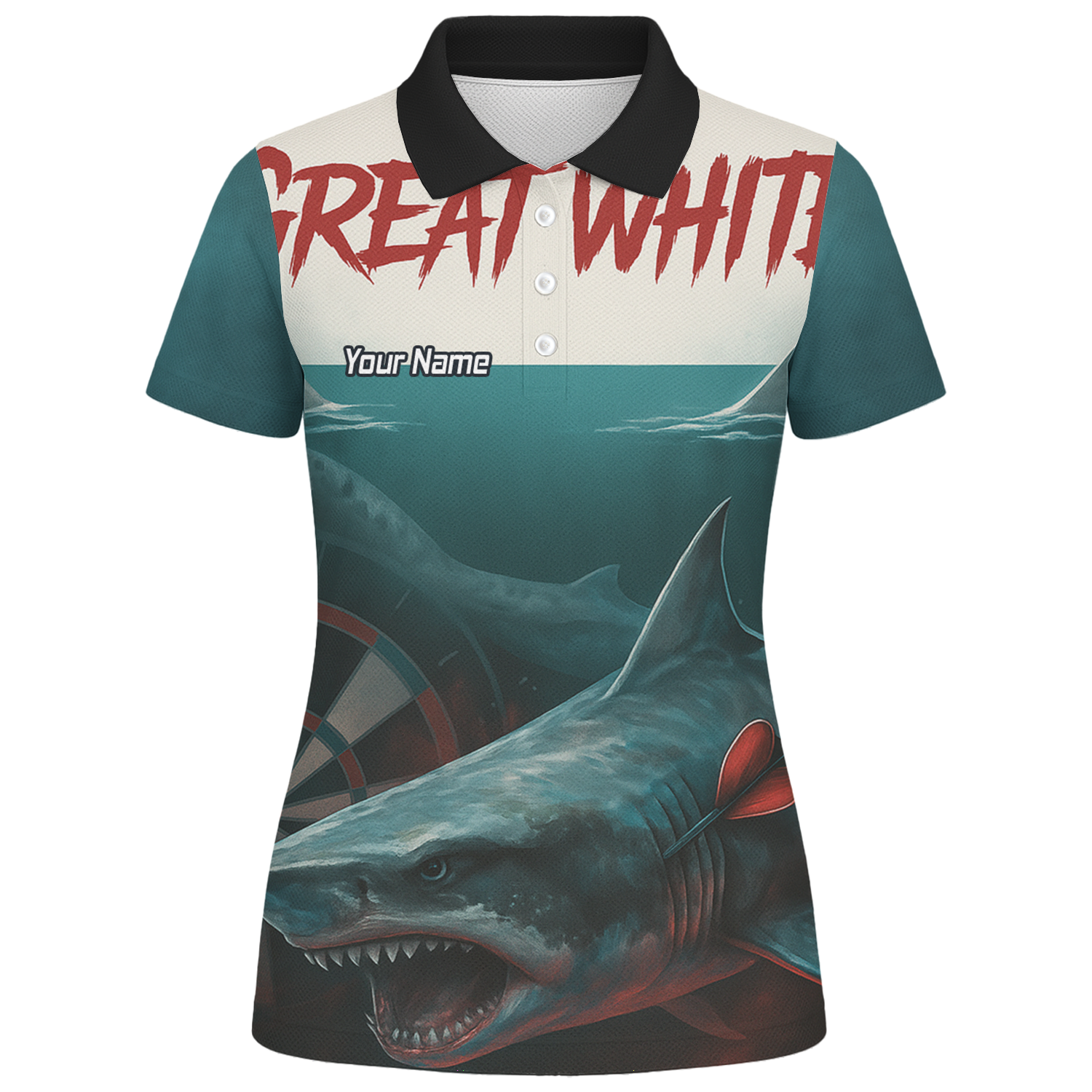 Personalised Great White Shark Dart Polo Shirt Men Teal Black Custom Team Name T7018 additional image 1