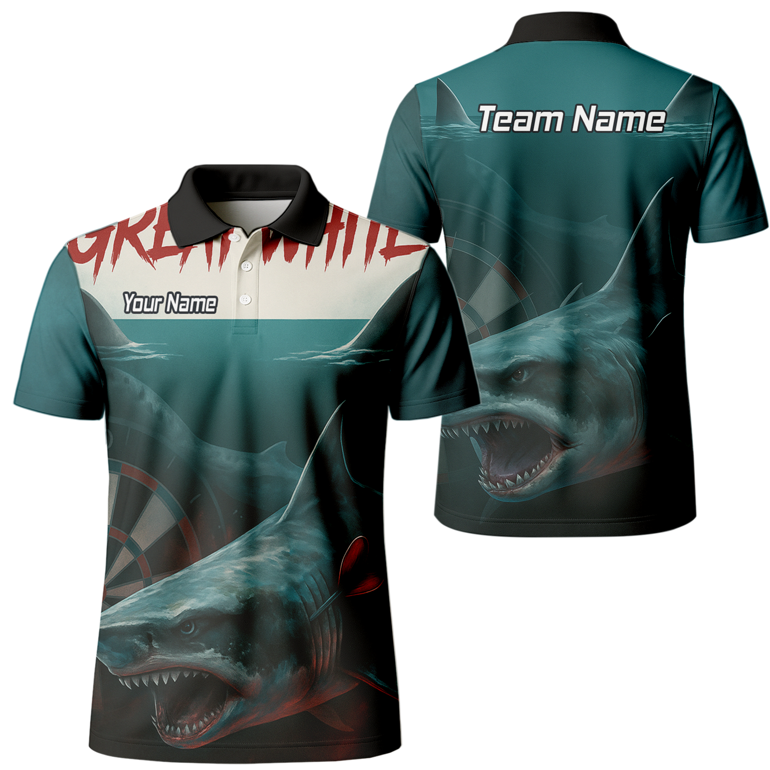 Personalised Great White Shark Dart Polo Shirt Men Teal Black Custom Team Name T7018 main image - polo No
