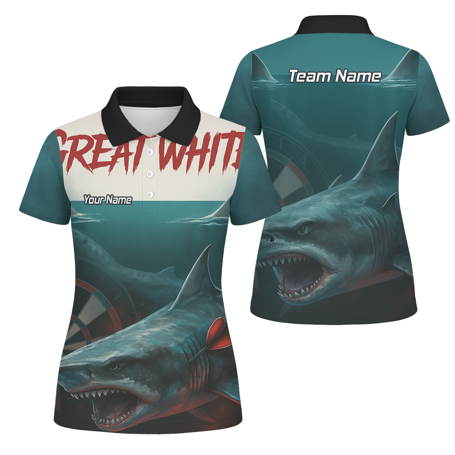 Personalised Great White Shark Dart Polo Shirt Men Teal Black Custom Team Name T7018 main image - polo No