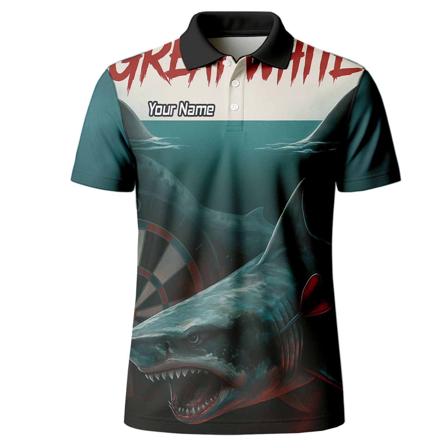Personalised Great White Shark Dart Polo Shirt Men Teal Black Custom Team Name T7018 additional image 2