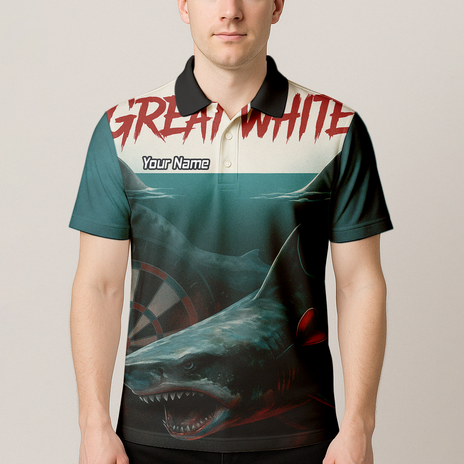 Personalised Great White Shark Dart Polo Shirt Men Teal Black Custom Team Name T7018 additional image 4