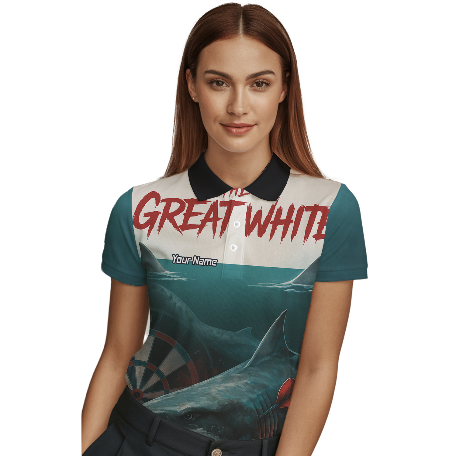 Personalised Great White Shark Dart Polo Shirt Men Teal Black Custom Team Name T7018 additional image 3