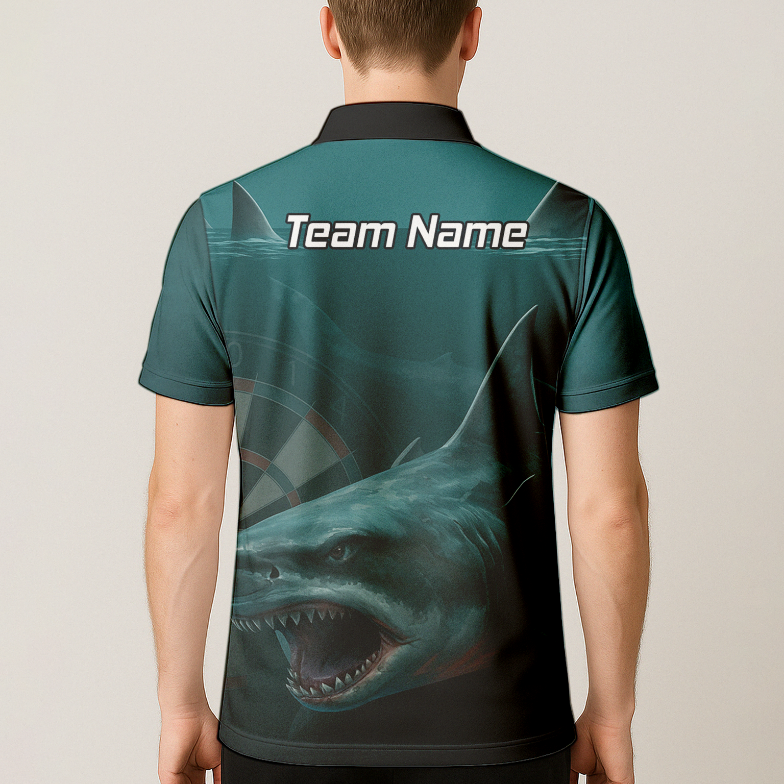 Personalised Great White Shark Dart Polo Shirt Men Teal Black Custom Team Name T7018 additional image 5