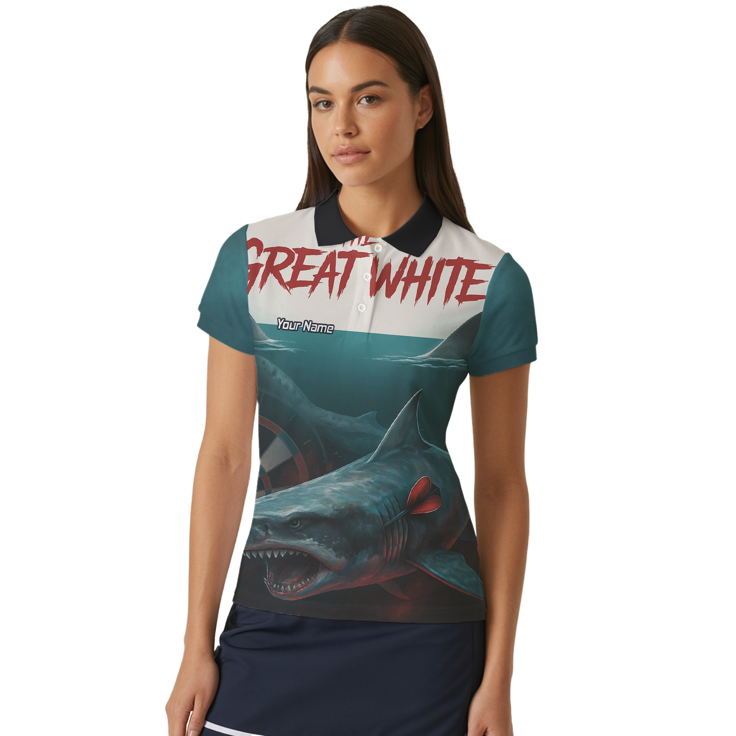 Personalised Great White Shark Dart Polo Shirt Men Teal Black Custom Team Name T7018 additional image 4