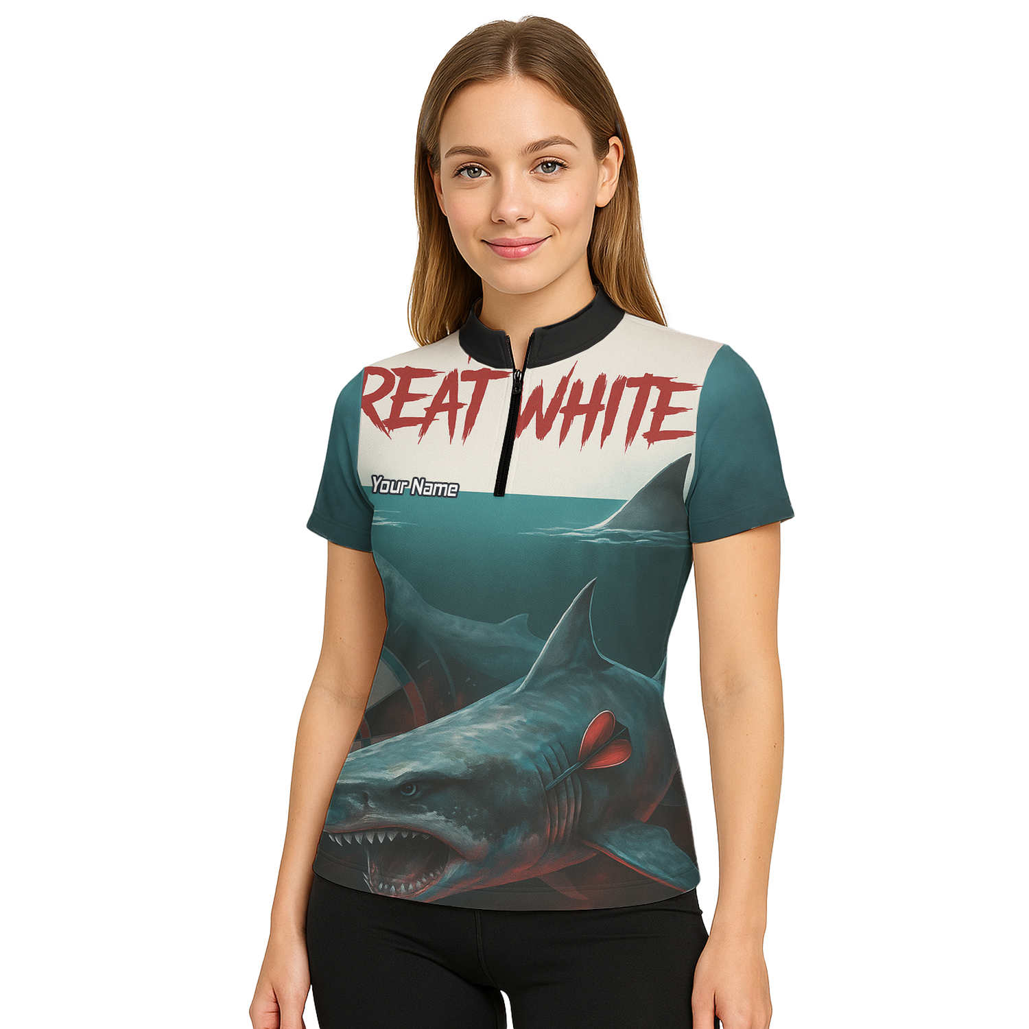 Personalised Great White Shark Dart Polo Shirt Men Teal Black Custom Team Name T7018 additional image 5