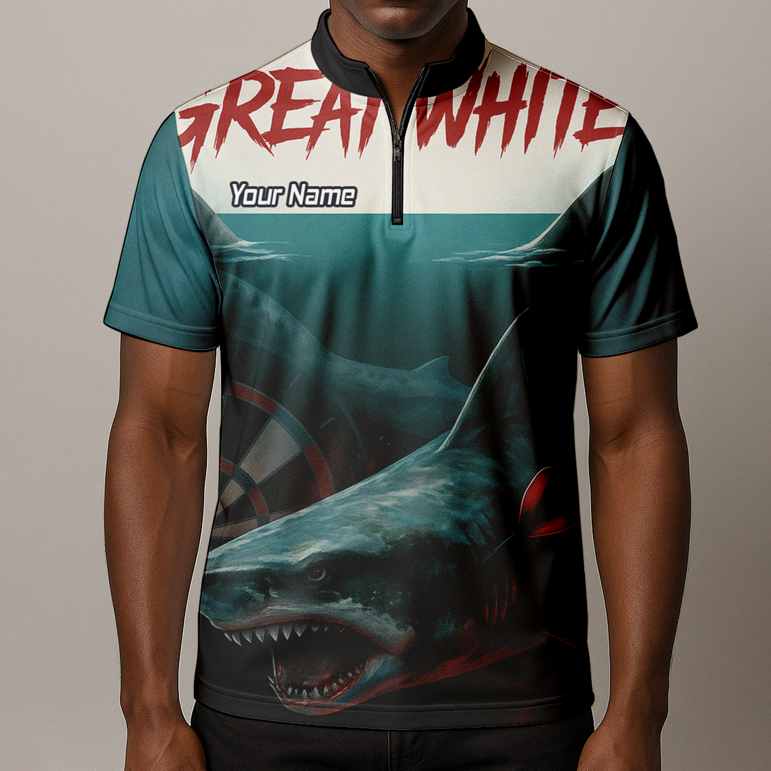 Personalised Great White Shark Dart Polo Shirt Men Teal Black Custom Team Name T7018 additional image 8