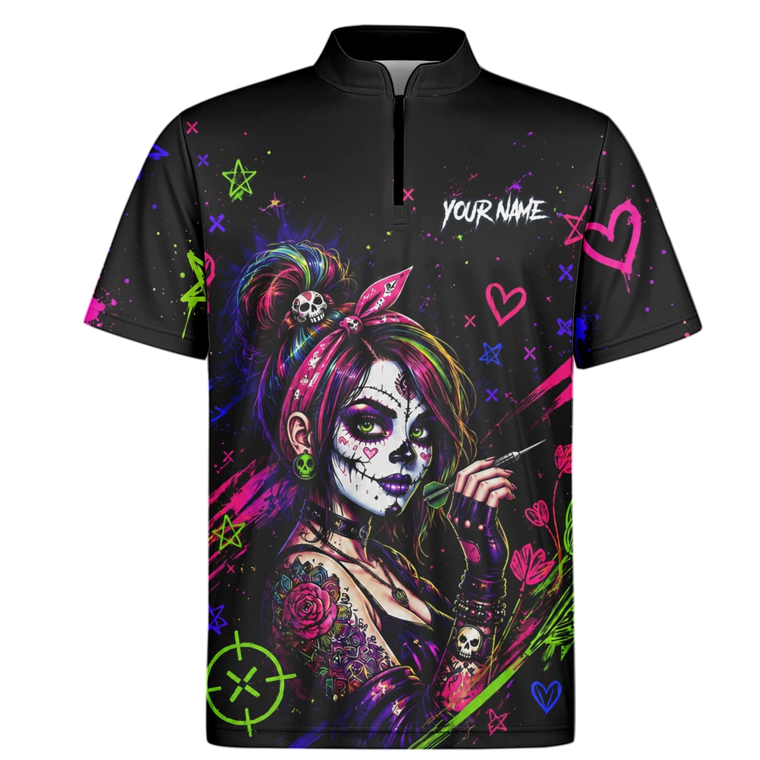 Personalised Black Neon Sugar Skull Woman Darts Shirt For Men K745