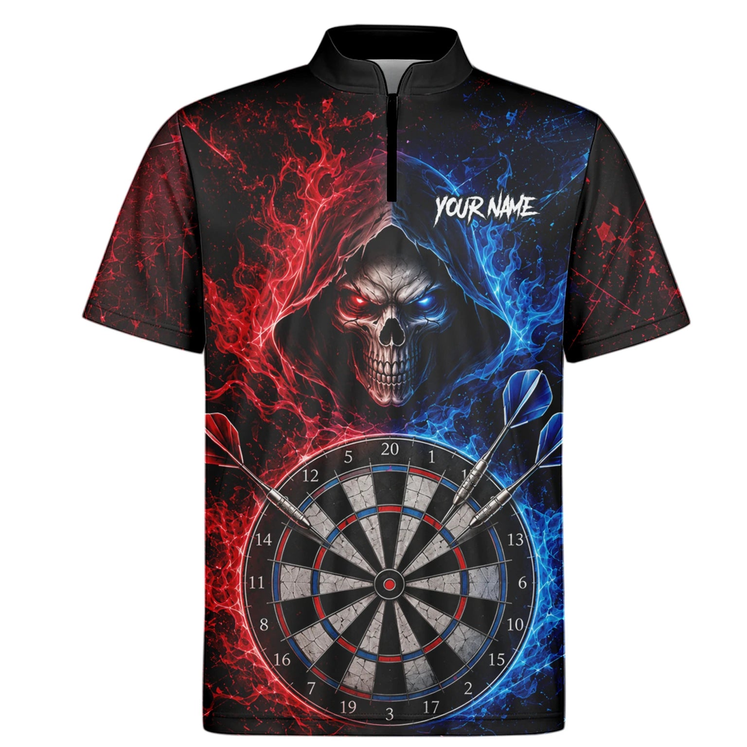 Personalised Red & Blue Split Skull Darts Polo Shirt For Men L857