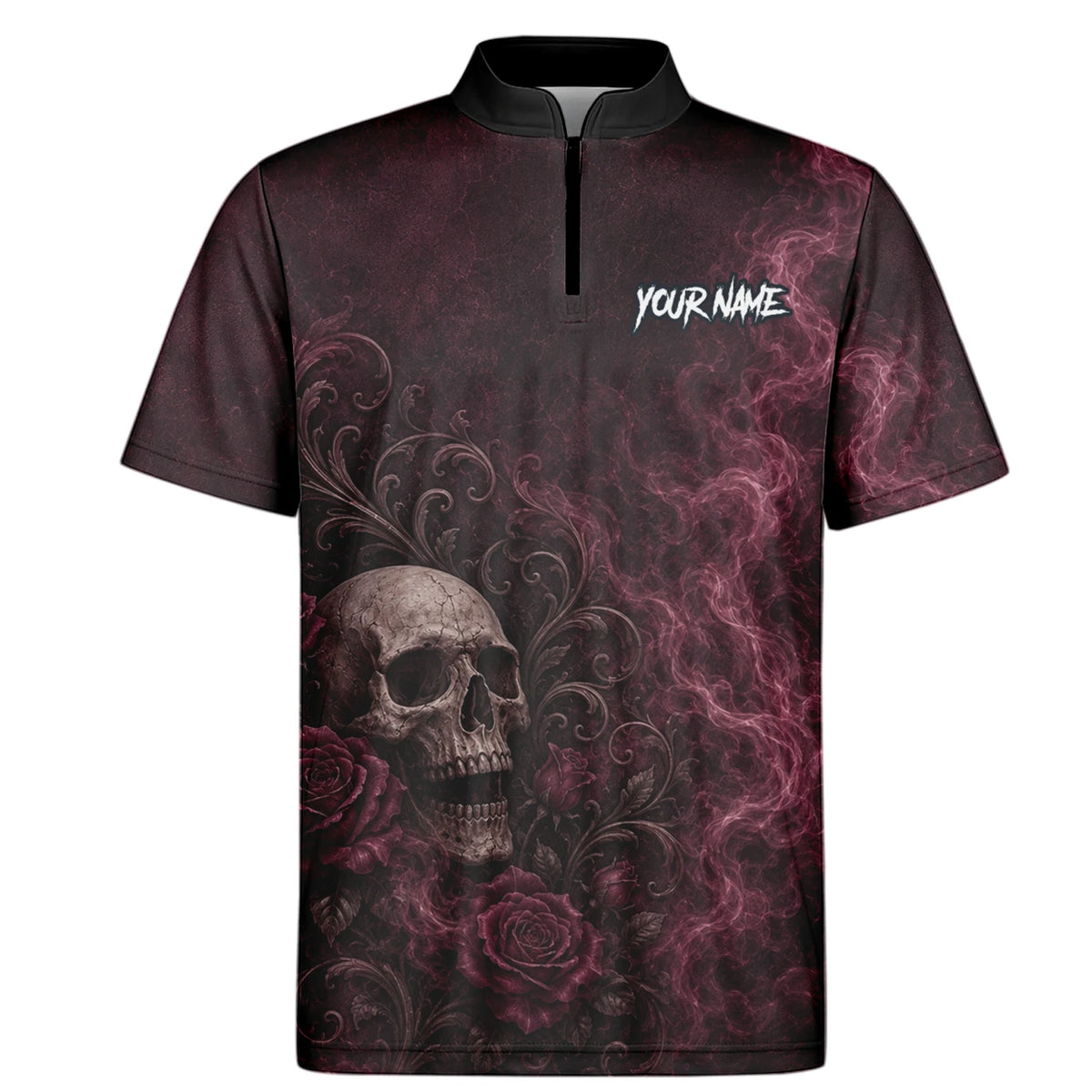 Personalised Burgundy & Black Skull Rose Darts Shirt For Men U786