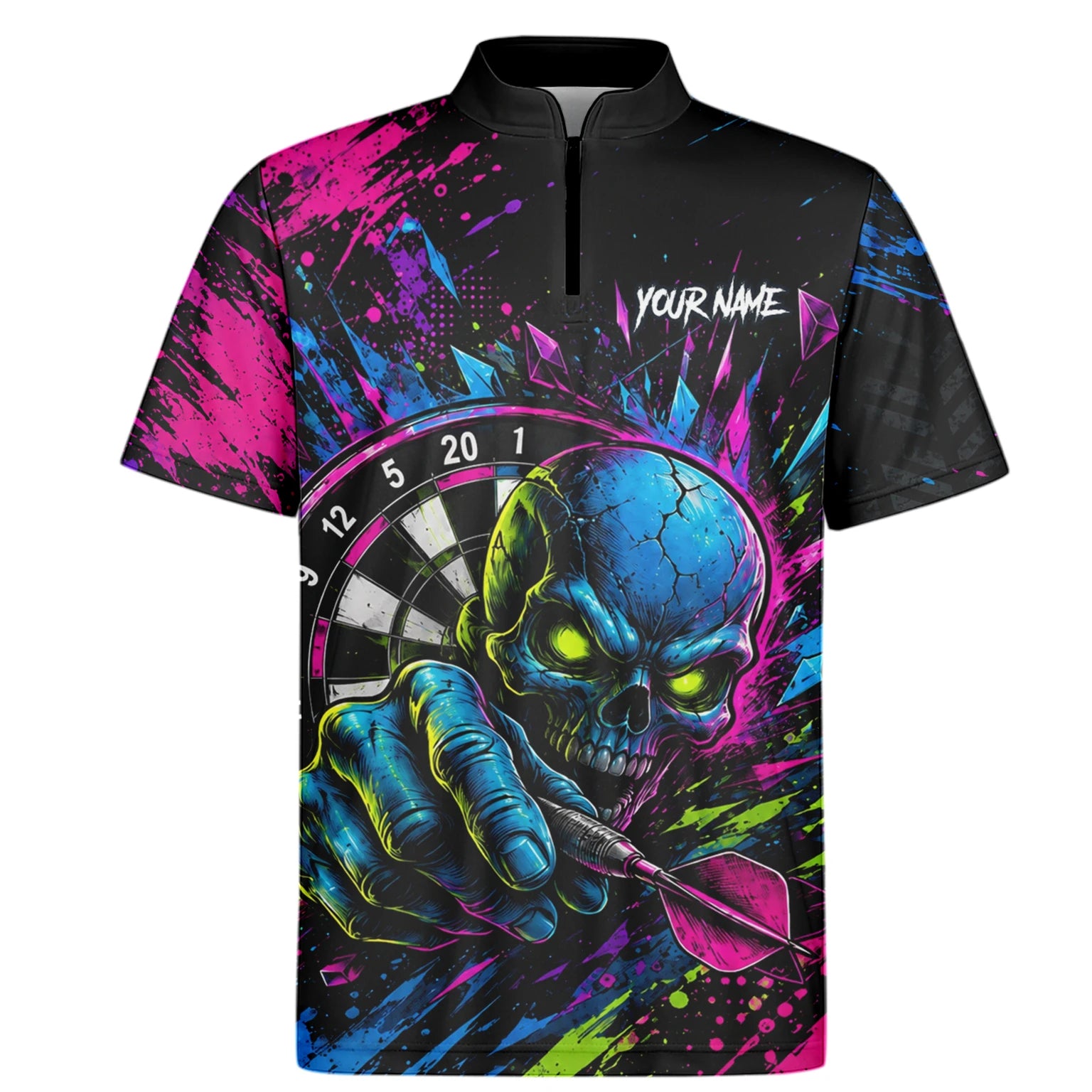 Personalised Neon Blue Green & Pink Skull Dartboard Darts Shirt For Men S232