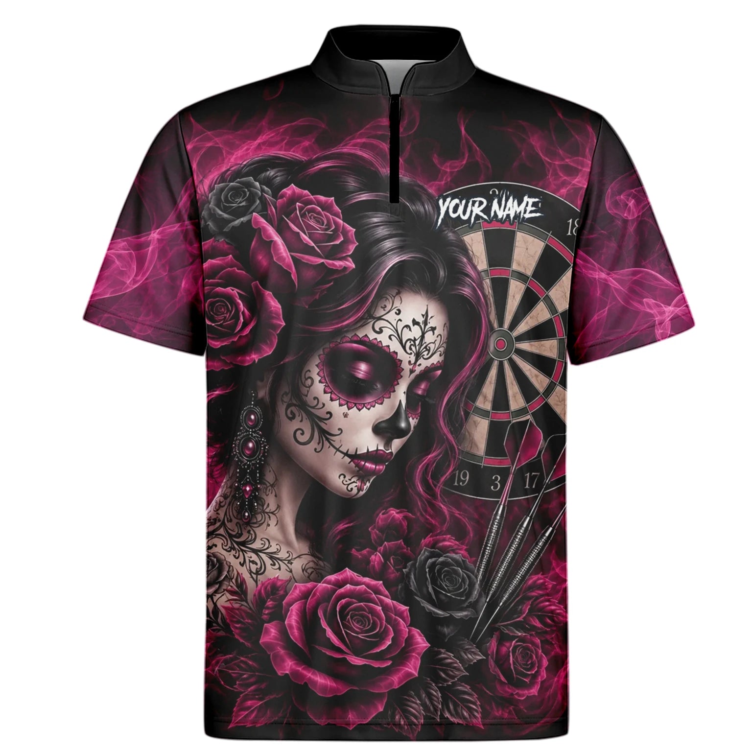 Personalised Black & Pink Sugar Skull Roses Darts Shirt For Men Z109