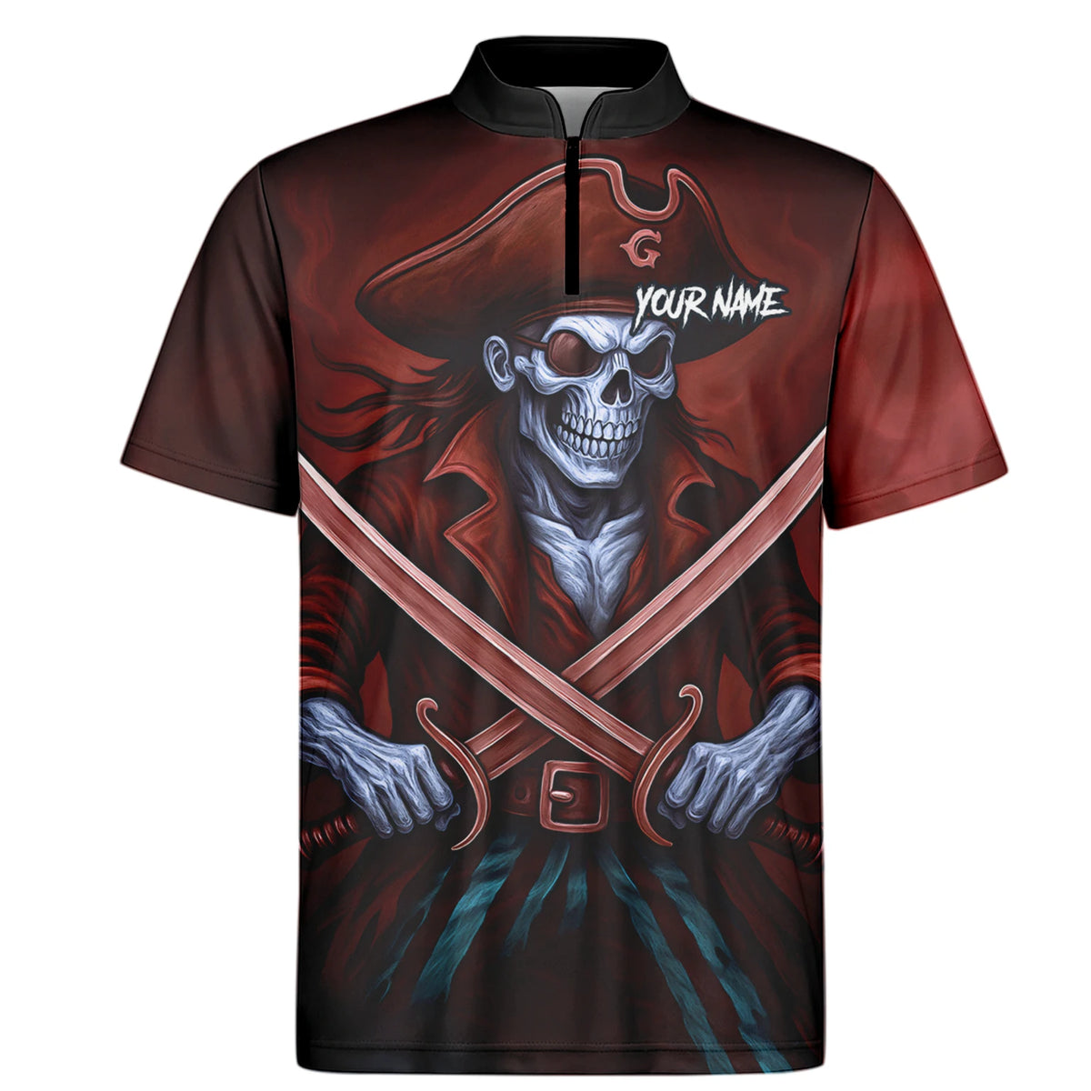 Personalised Red & Black Pirate Skull Crossed Swords Darts Shirt For Men TR8209
