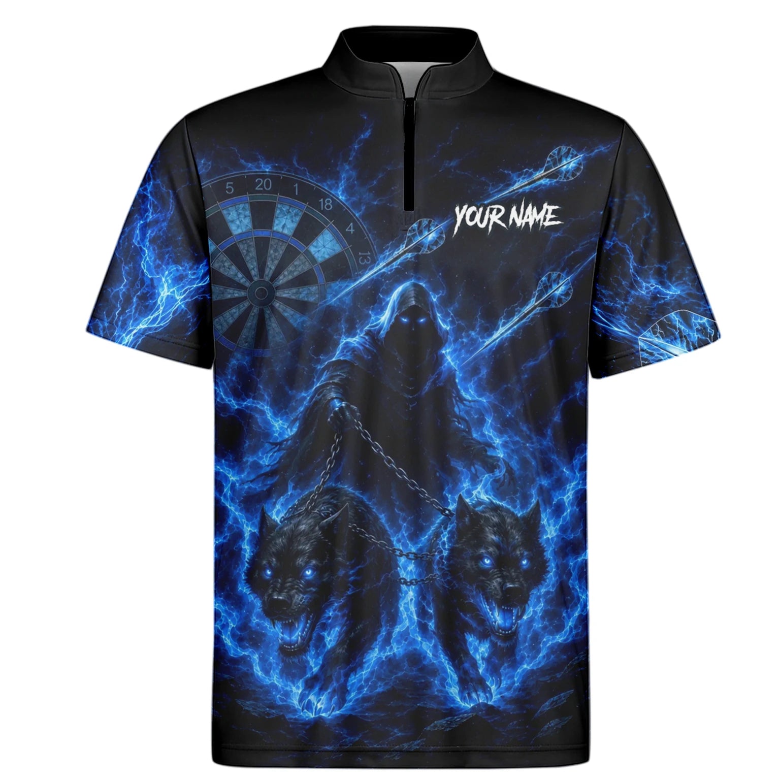 Personalised Black & Blue Grim Reaper and Wolves Darts Shirt For Men X871