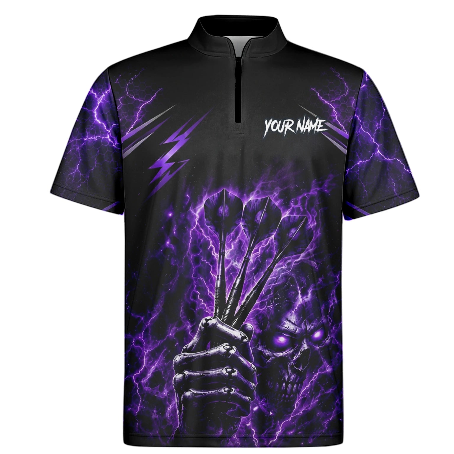 Personalised Black & Purple Lightning Skeleton Hand Darts Shirt For Men H822