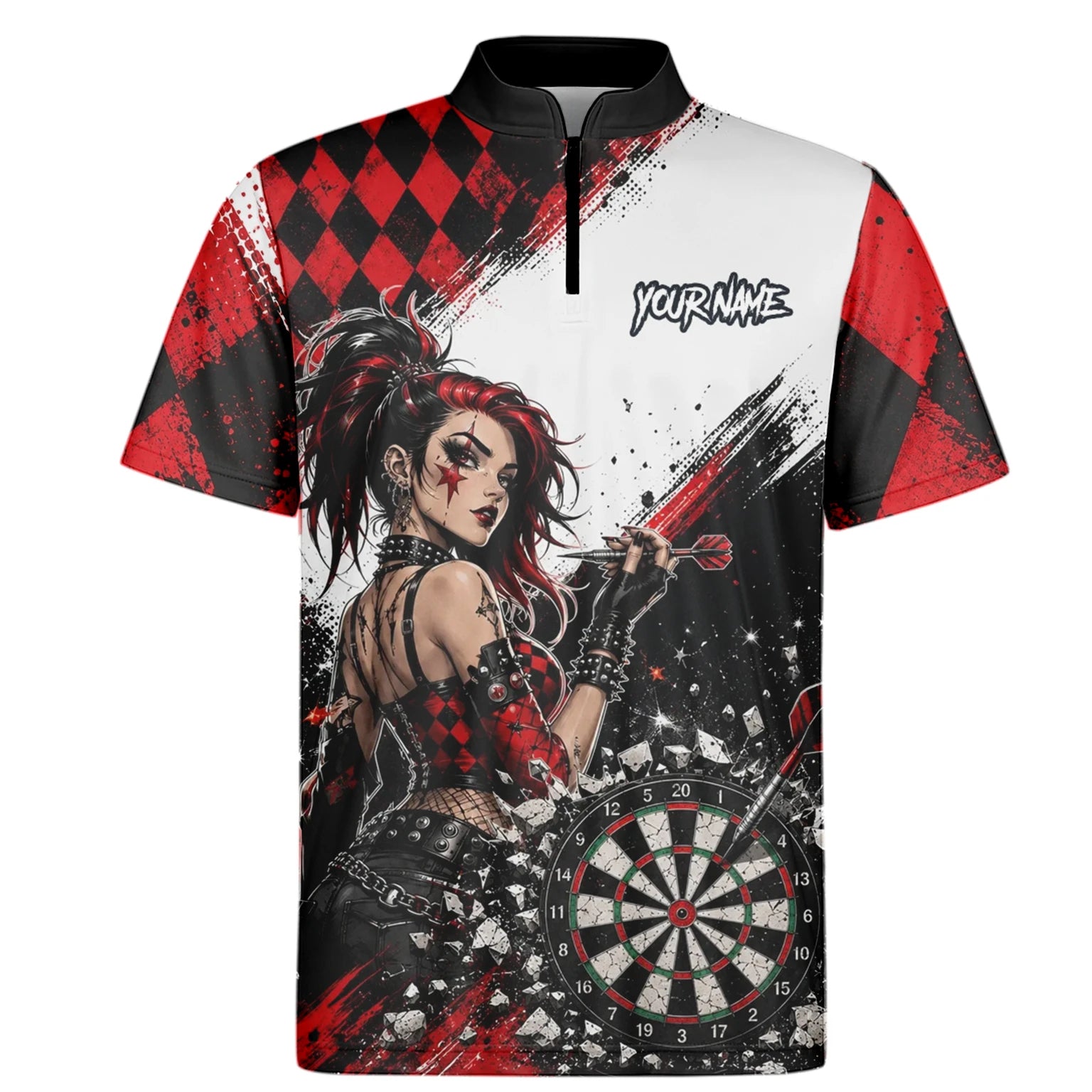 Personalised Red & Black Gothic Harlequin Darts Polo Shirt For Men K572