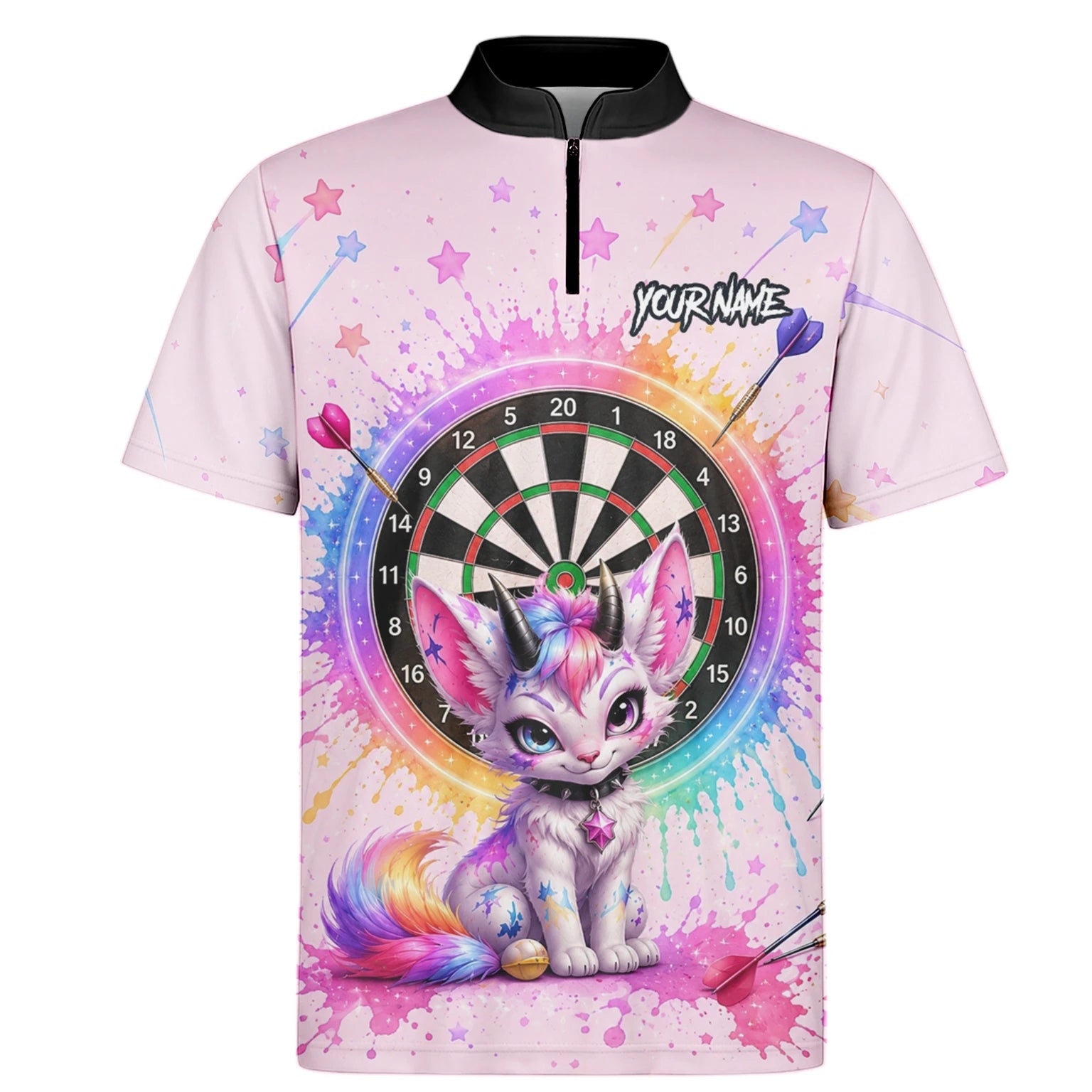 Personalised Pink & Rainbow Fantasy Cat Unicorn Darts Shirt For Men X398
