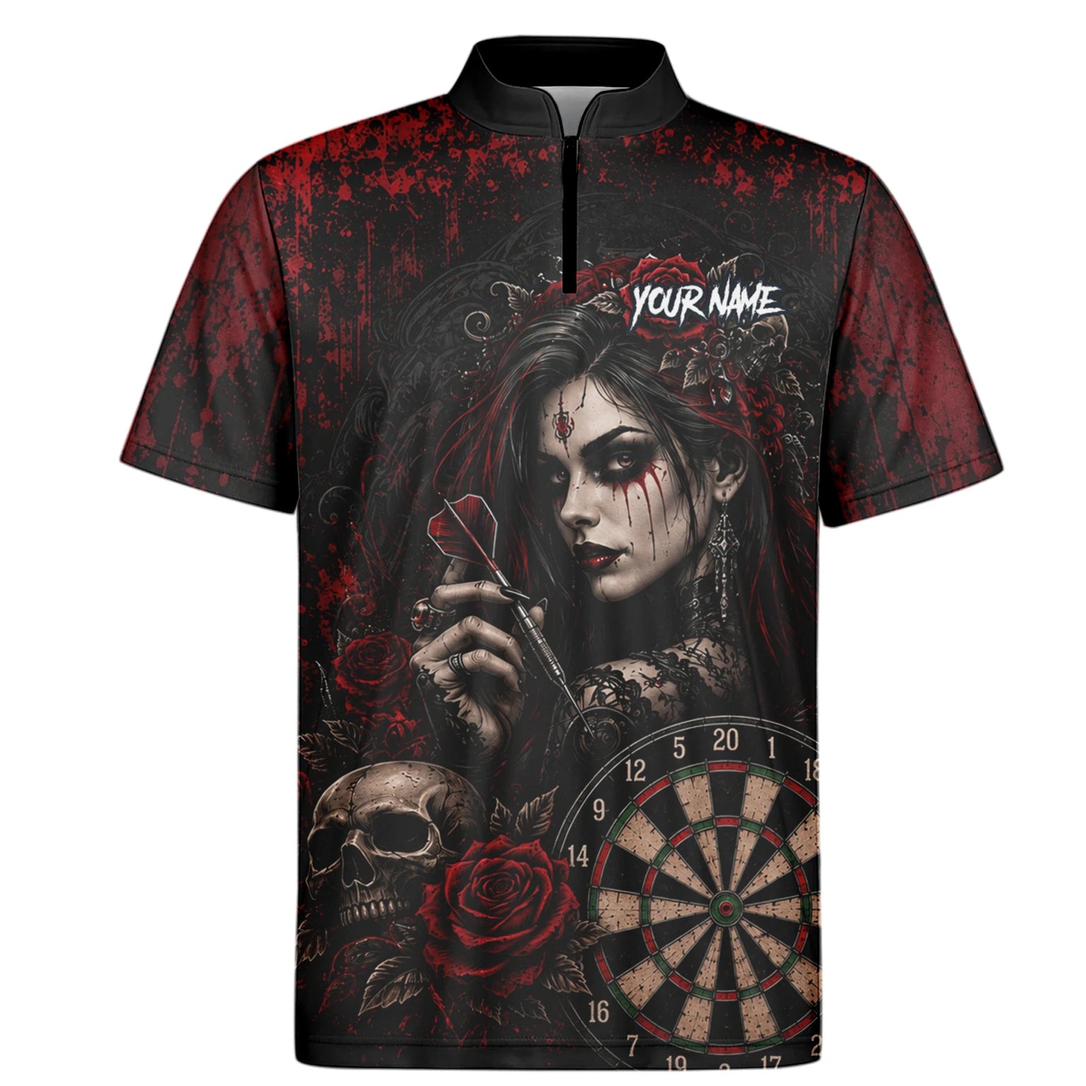 Personalised Black & Red Gothic Woman Skull Darts Shirt For Men W035