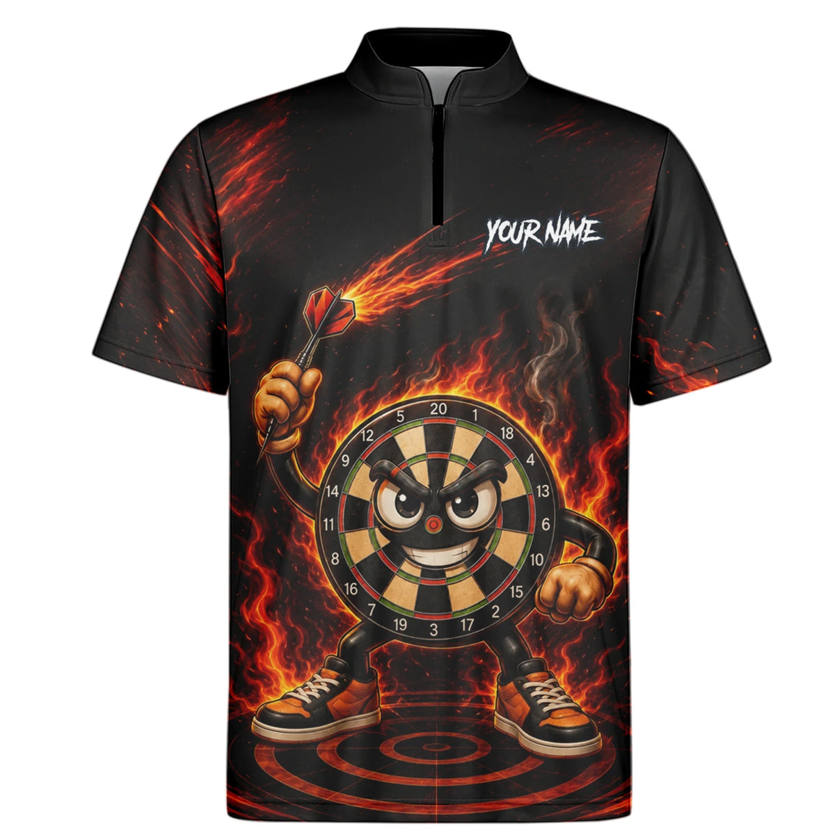Personalised Black & Red Fiery Dartboard Character Darts Shirt For Men W224