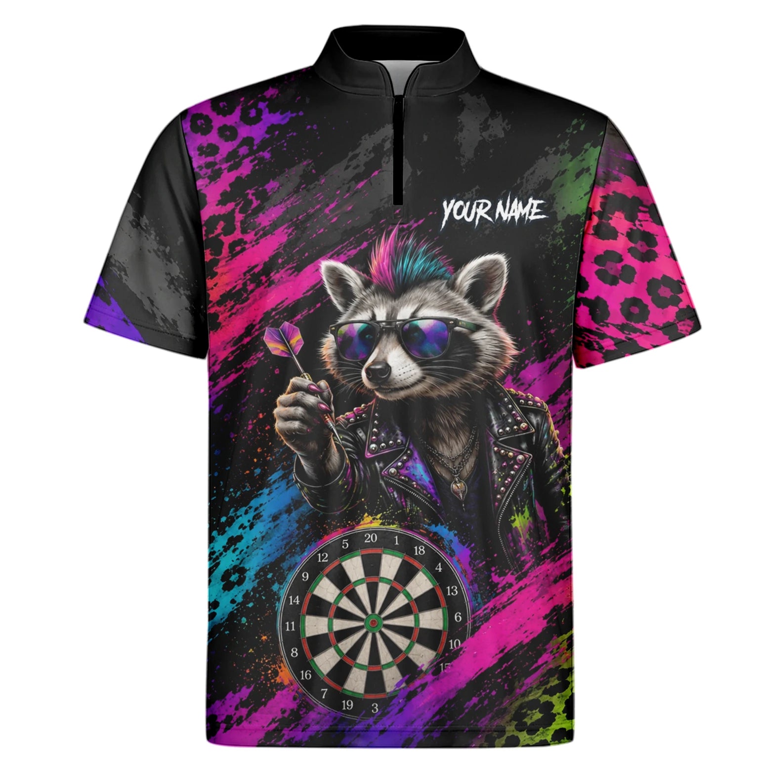 Personalised Black Multicolour Punk Raccoon Dartboard Darts Shirt For Men E164