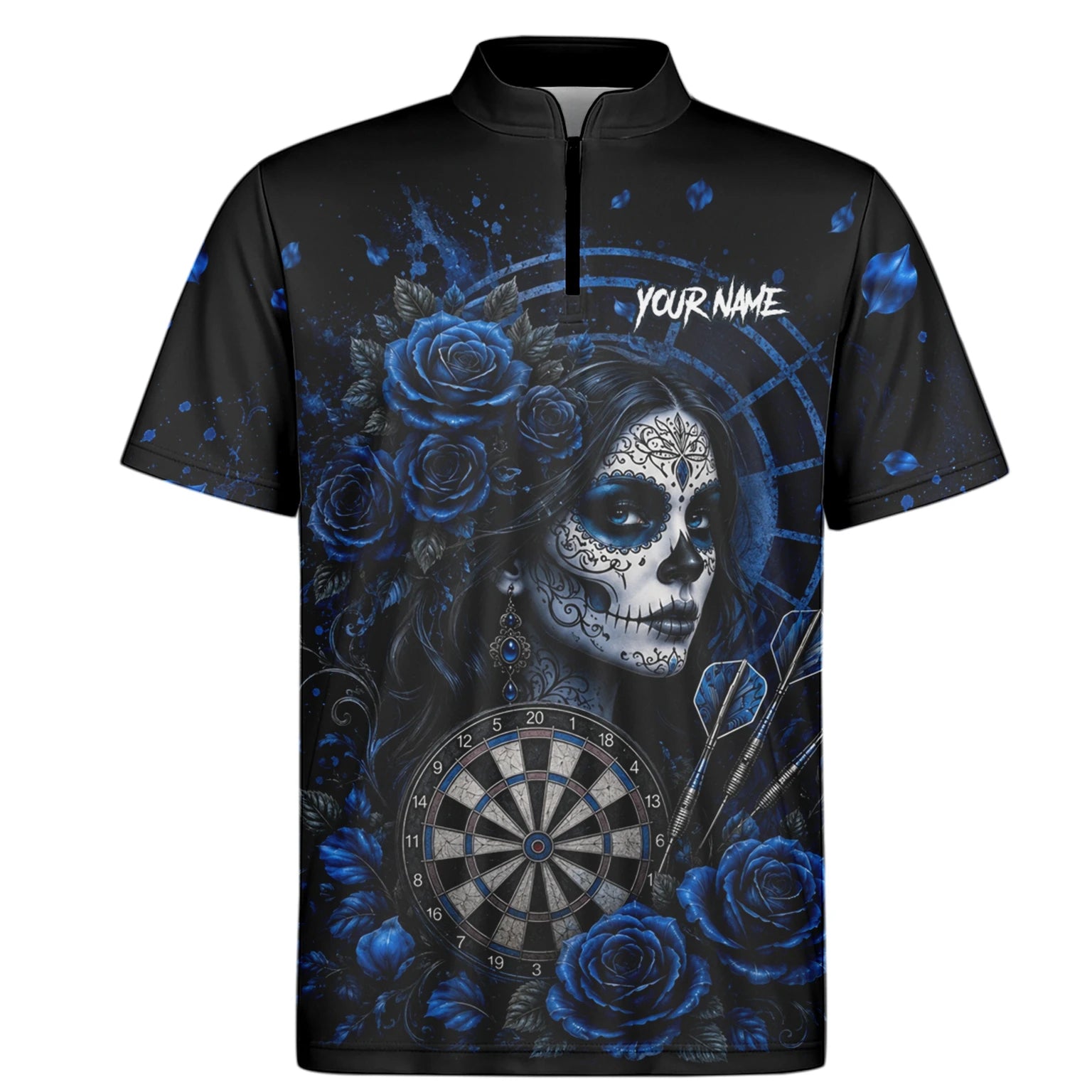 Personalised Black & Blue Sugar Skull Roses Darts Shirt For Men I884