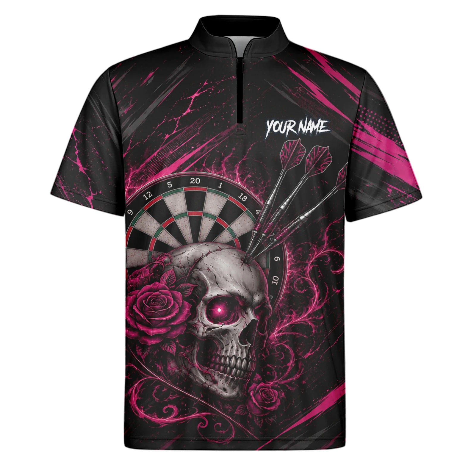 Personalised Black & Pink Skull and Roses Darts Shirt For Men V308