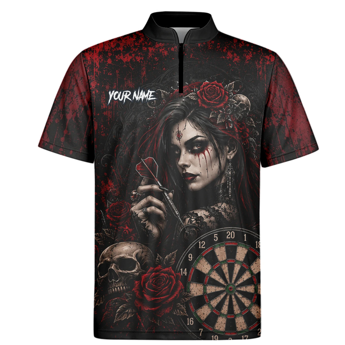 Personalised Black & Red Gothic Woman Skull Darts Shirt For Men W035