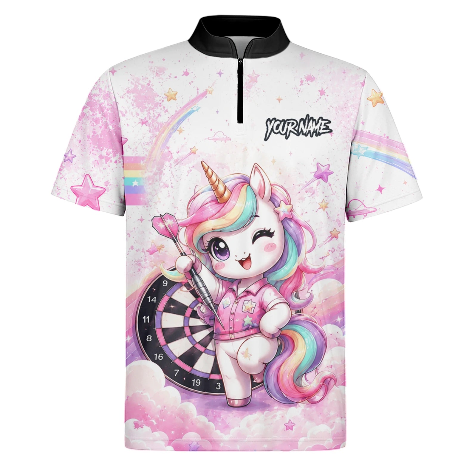 Personalised Pink & White Rainbow Unicorn Darts Shirt For Men F188