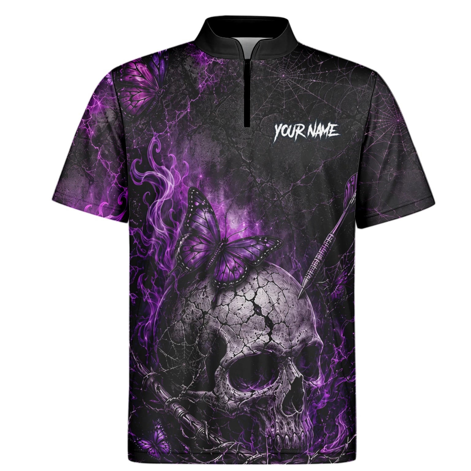 Personalised Black & Purple Skull Butterfly Darts Shirt For Men Q241