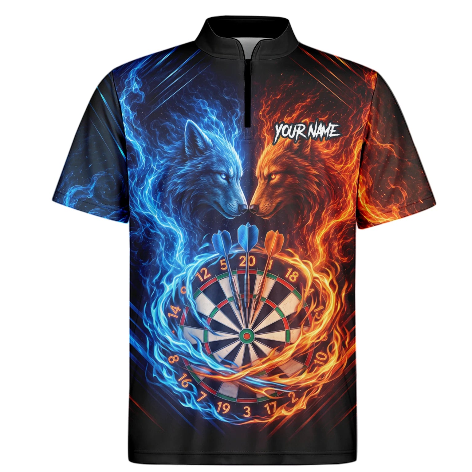 Personalised Blue & Orange Wolf Flame Dartboard Darts Shirt For Men A749