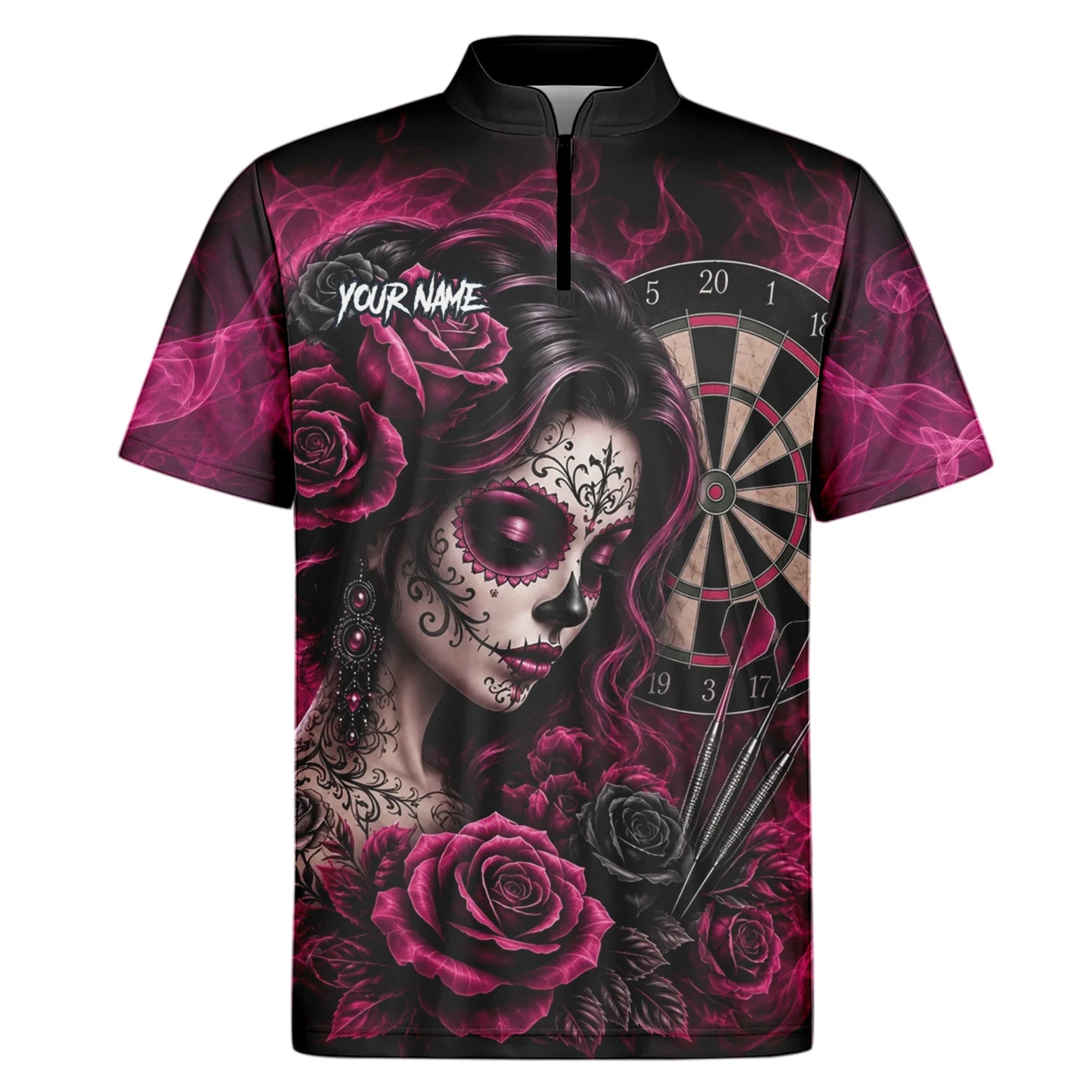 Personalised Black & Pink Sugar Skull Roses Darts Shirt For Men Z109