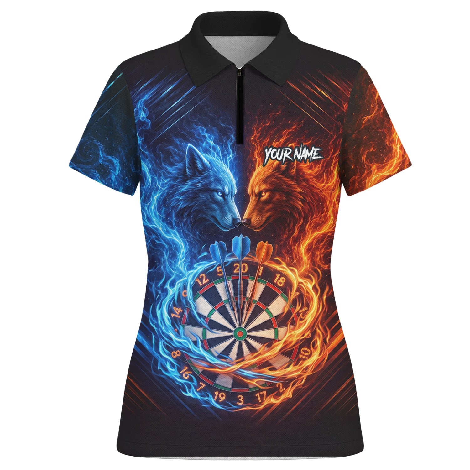 Personalised Blue & Orange Wolf Flame Dartboard Darts Shirt For Women A749