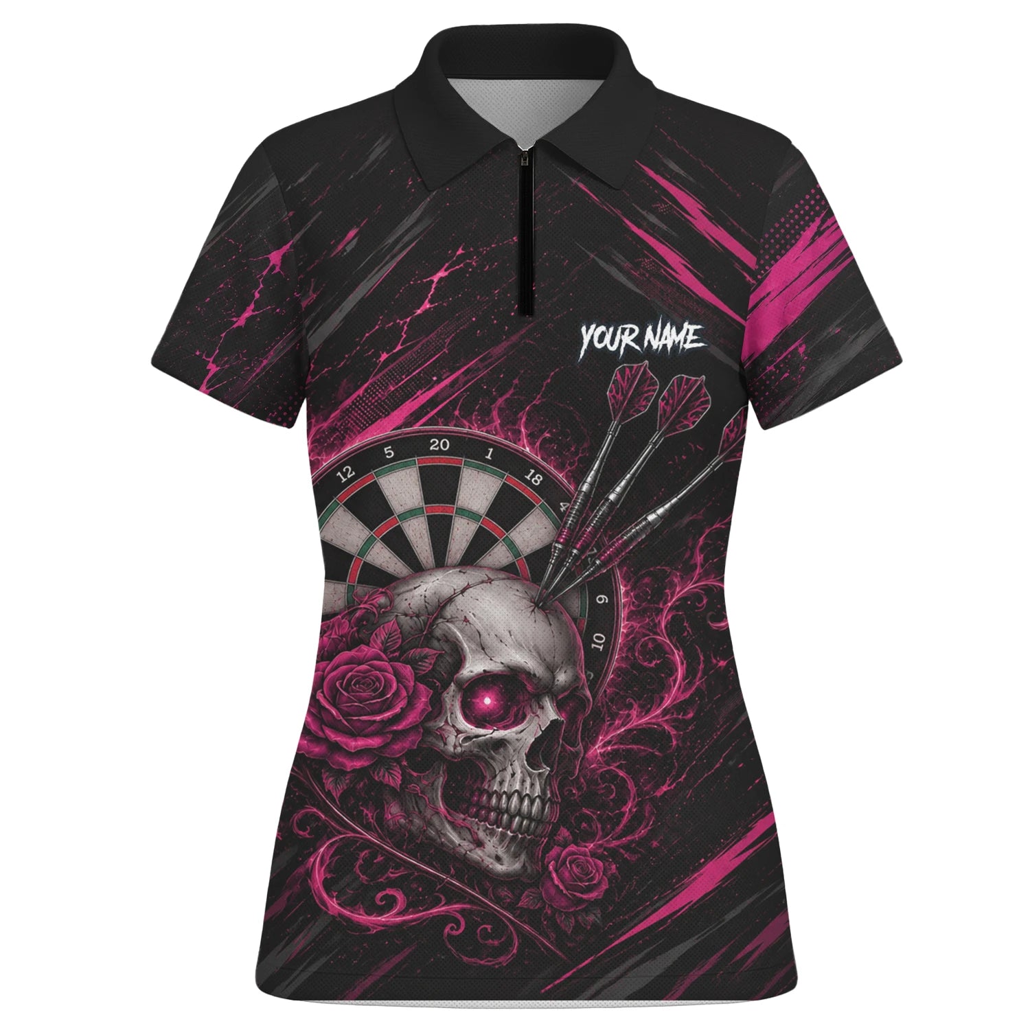 Personalised Black & Pink Skull and Roses Darts Shirt For Women V308
