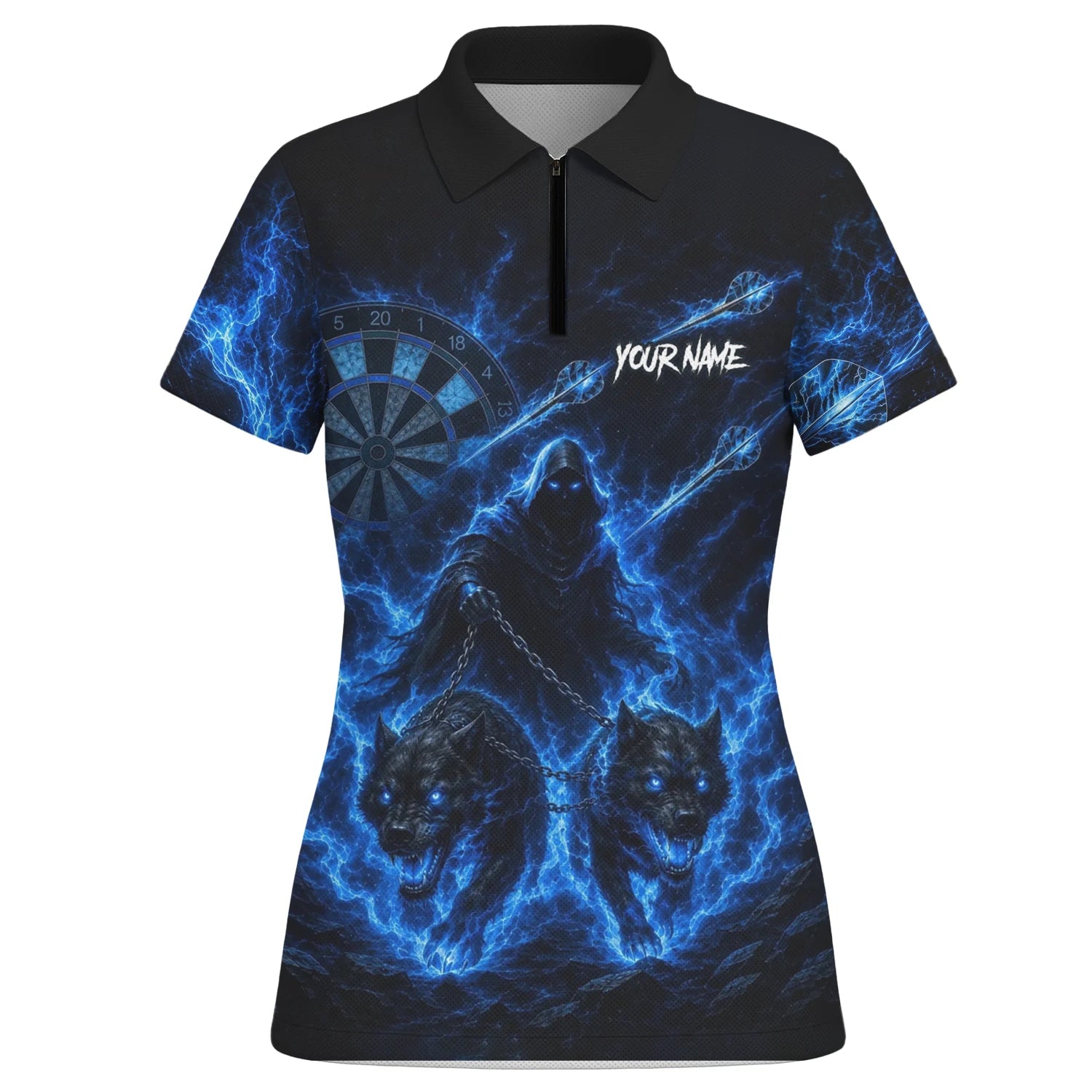 Personalised Black & Blue Grim Reaper and Wolves Darts Shirt For Women X871