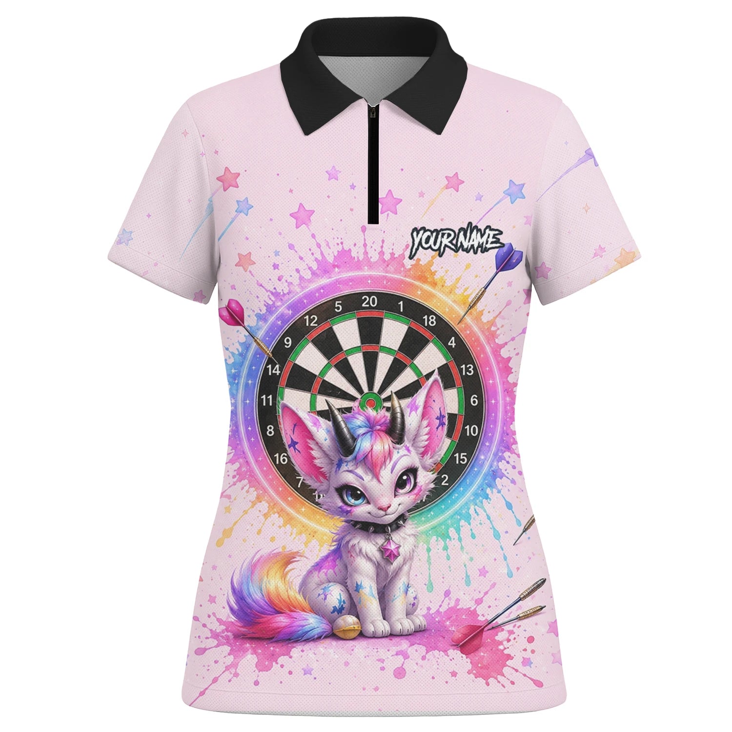 Personalised Pink & Rainbow Fantasy Cat Unicorn Darts Shirt For Women X398