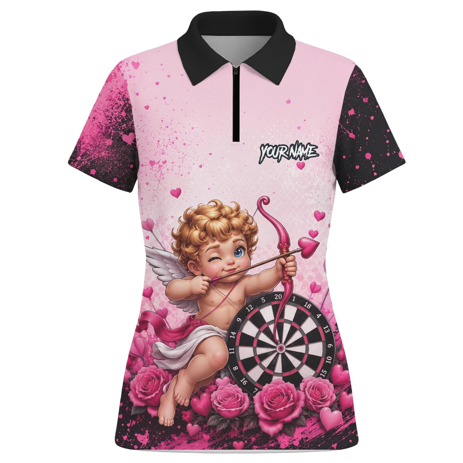 Personalised Pink & Black Cupid Dartboard Darts Shirt For Women I643