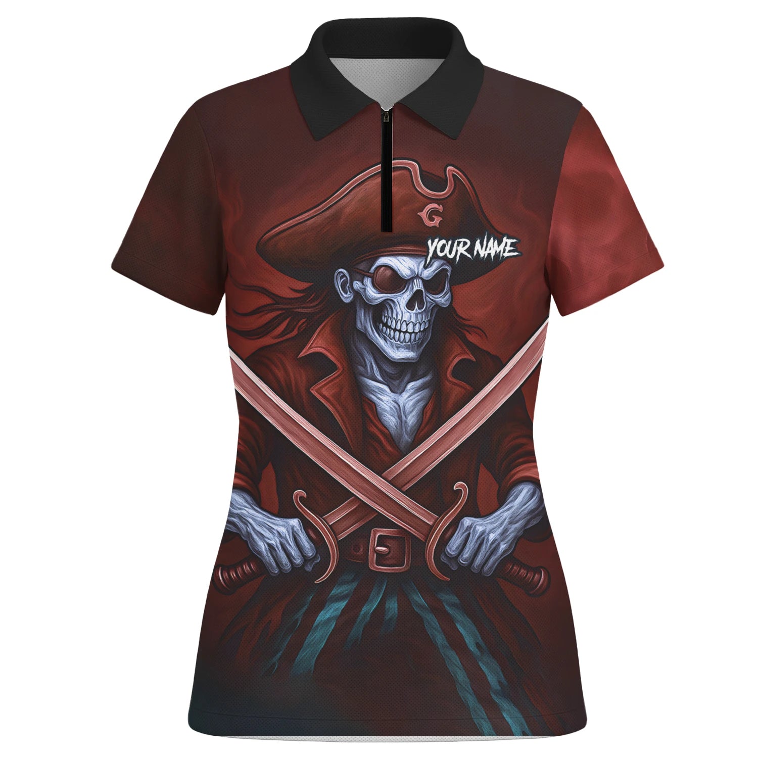 Personalised Red & Black Pirate Skull Crossed Swords Darts Shirt For Women TR8209