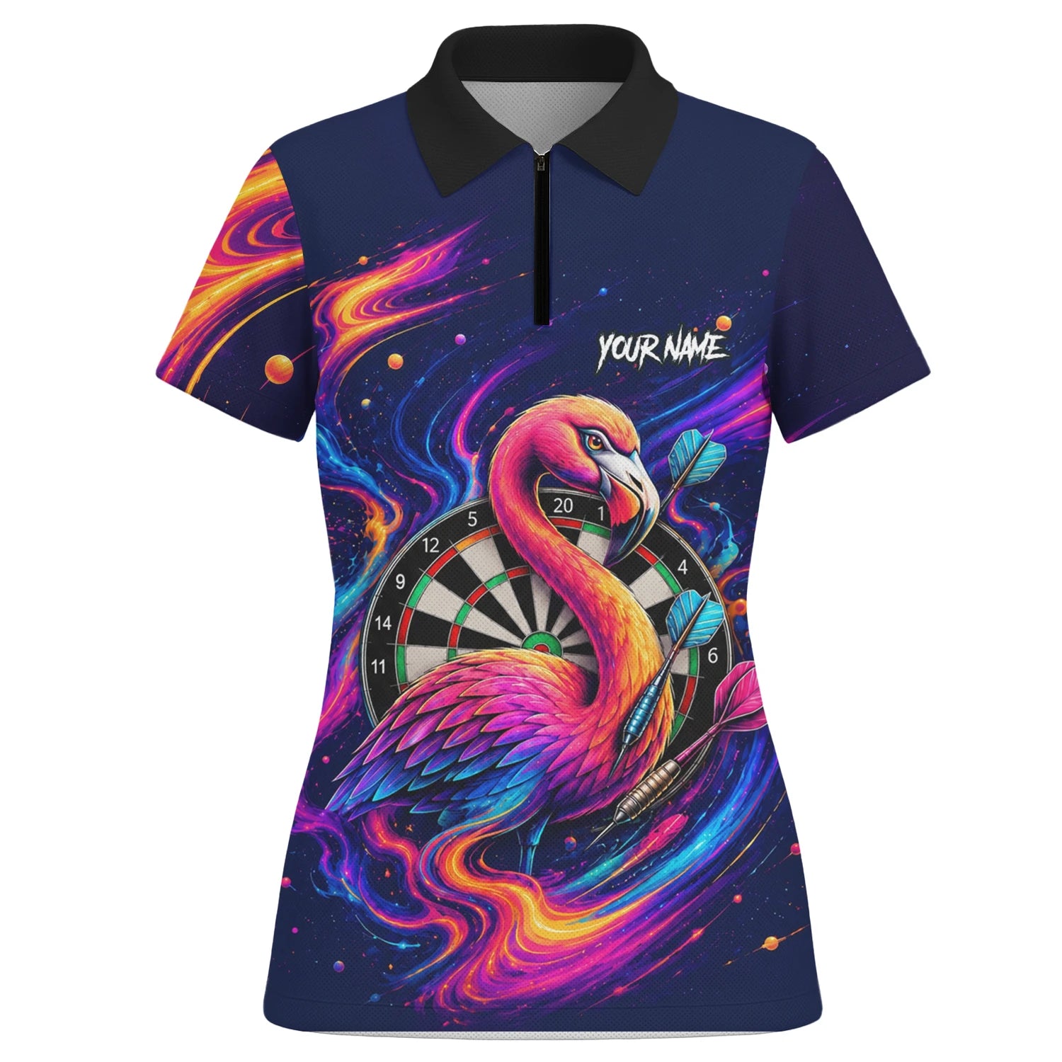 Personalised Neon Flamingo Galaxy Darts Polo Shirt For Women D064