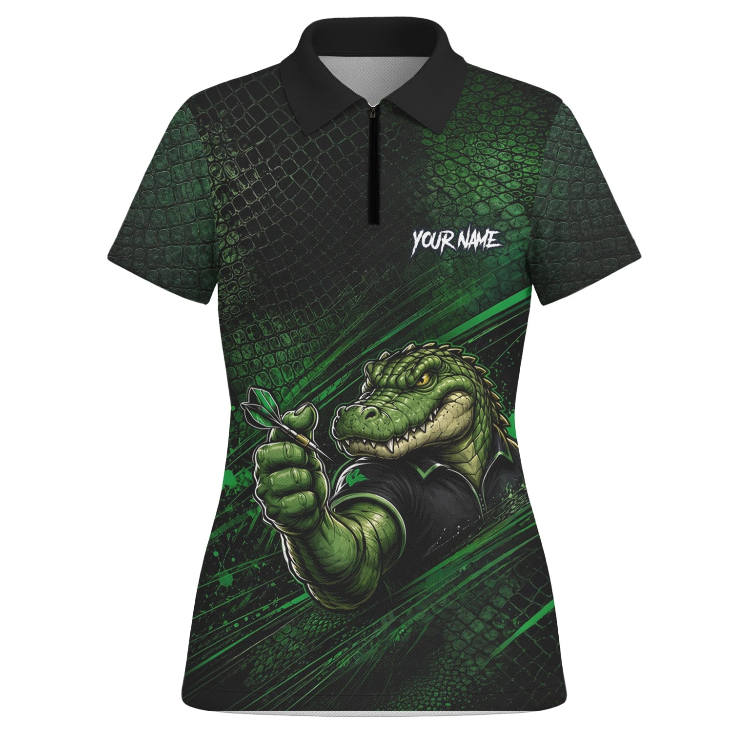 Personalised Black & Green Crocodile Darts Player Shirt For Women I987