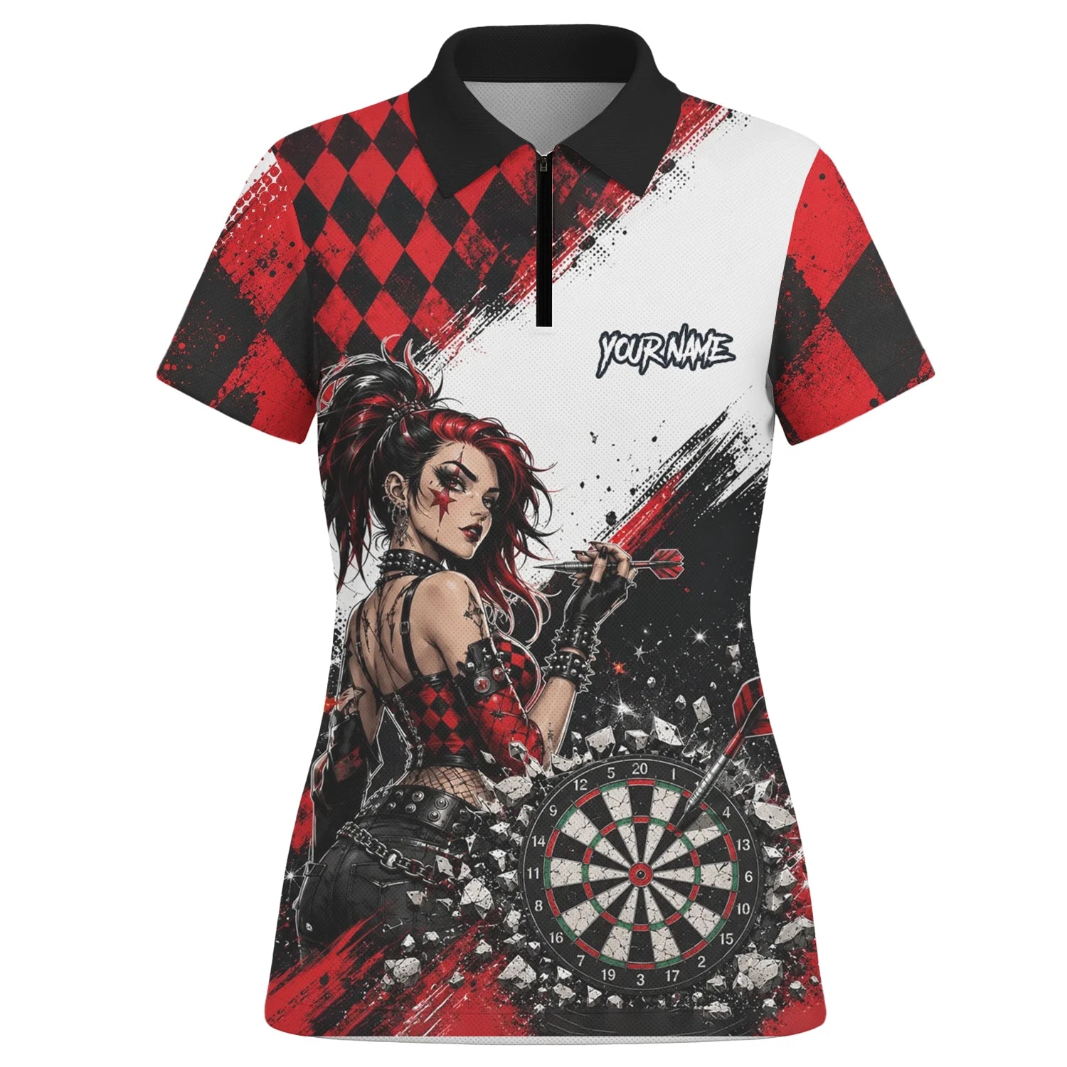 Personalised Red & Black Gothic Harlequin Darts Polo Shirt For Women K572